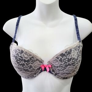 La Senza Navy Blue White Lace Wire Bra Size: 34C